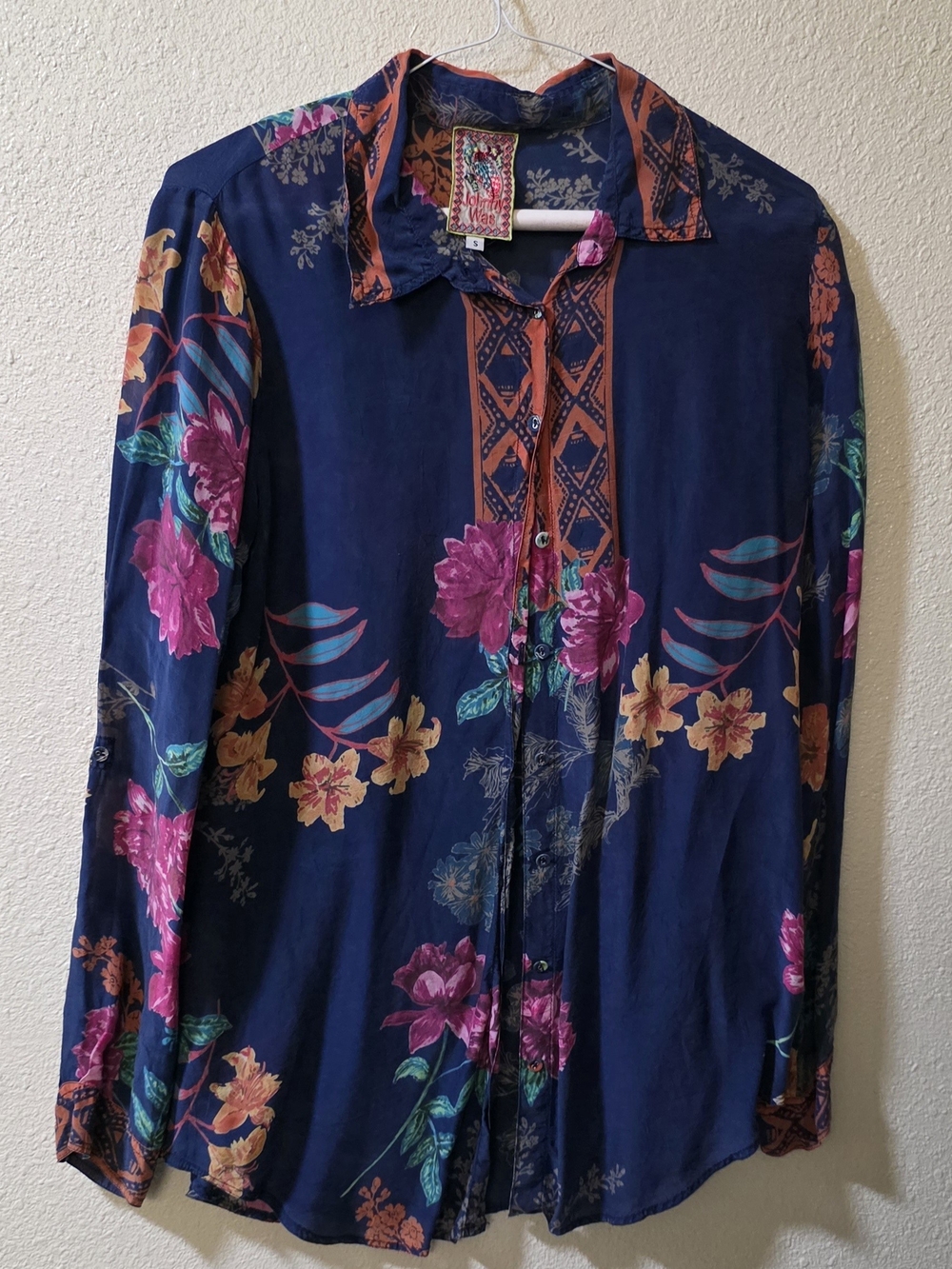 Johnny Was Cupra Rayon Floral Button Down Blouse Boho Top Navy Multi Women's S